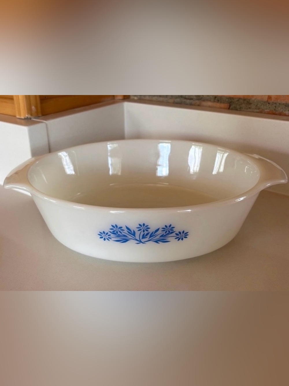 Vintage Fire-King Anchor Milkglass Oval Baking Dish with Blue Floral Design